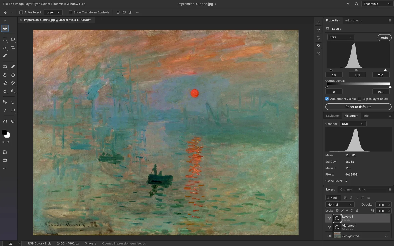 PhotoCraft : calque de réglage Niveaux avec histogramme en direct (capture officielle)