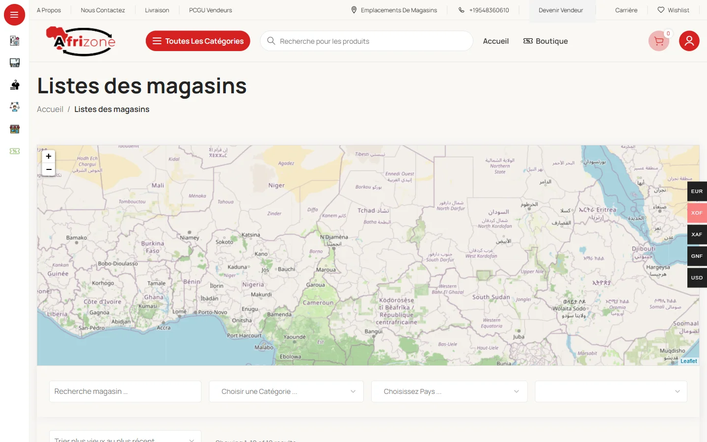Liste des magasins sur une carte, avec recherche par catégorie et pays