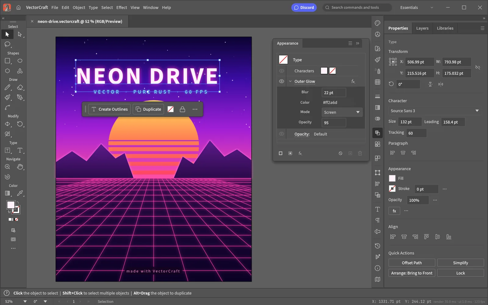 VectorCraft : l’affiche « Neon Drive » réalisée dans l’application (capture officielle)